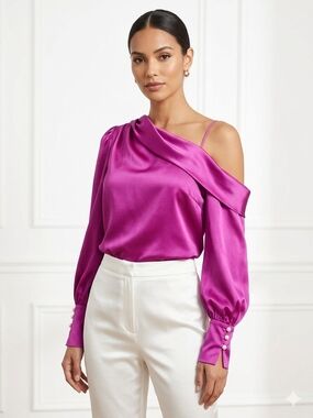 Fate Satin One-Shoulder Blouse in Fuchsia